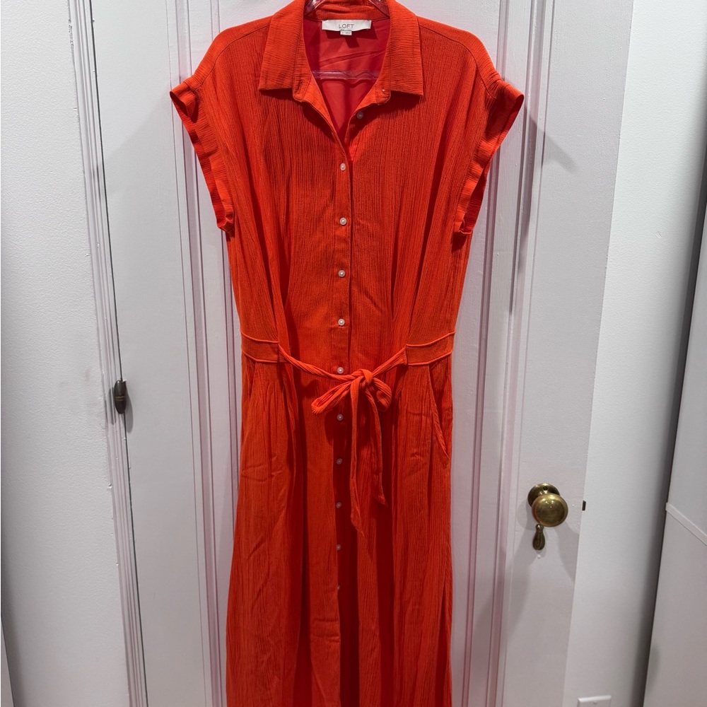 LOFT Vibrant Orange Button-Up Midi Dress
